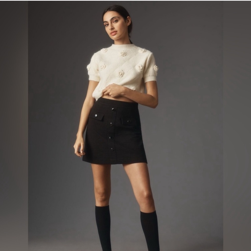 Maeve by Anthropologie Black Textured Tweed Mini Skirt Size XL Twee Career Basic